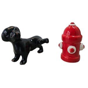 Pier 1 Naughty Dog and Fire Hydrant Salt Pepper Shaker Set Ceramic Red Black VTG